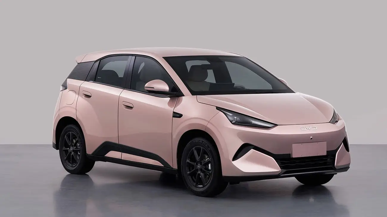 Pink all-new BYD Seagull front three-quarter view