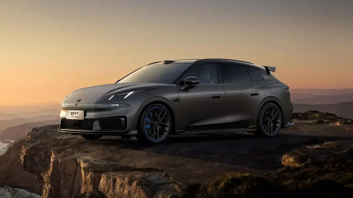 Grey Lynk & Co 07 GT on a mountain overlook